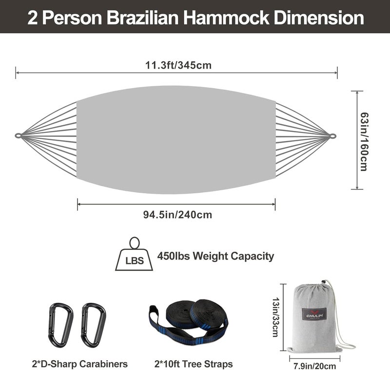 CHULIM Brazilian Double Hammock with Tree Straps,Extra Large 94x63IN,2 Persons Hammock for Backyard Patio Outdoor and Indoor,450lbs Weight Capacity,Soft Woven Cotton Fabric - Light Grey - Image 3